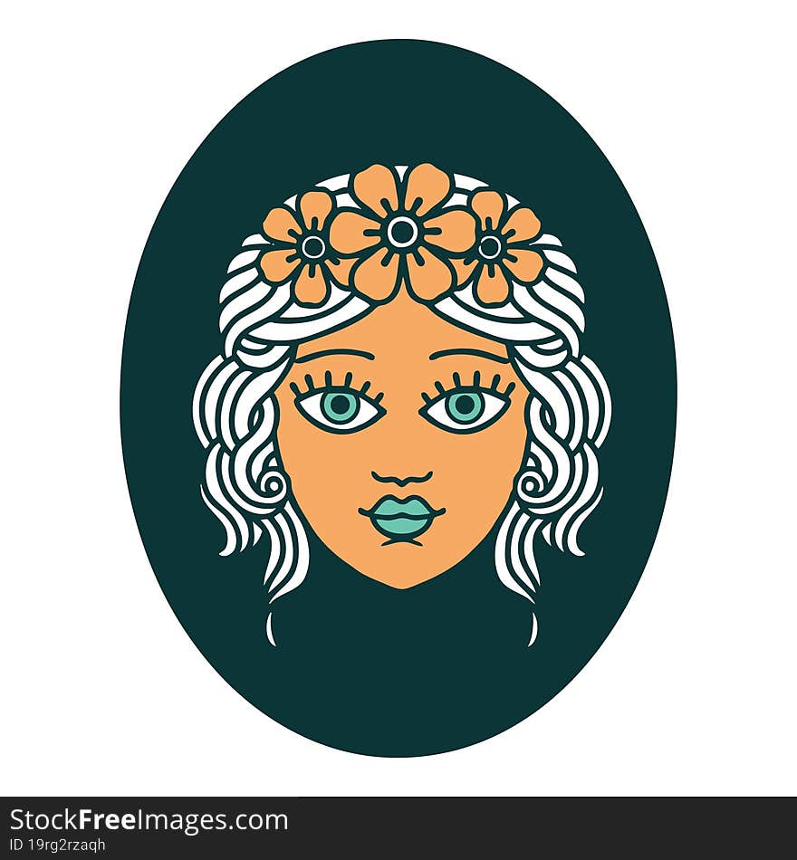 iconic tattoo style image of a maiden with crown of flowers. iconic tattoo style image of a maiden with crown of flowers