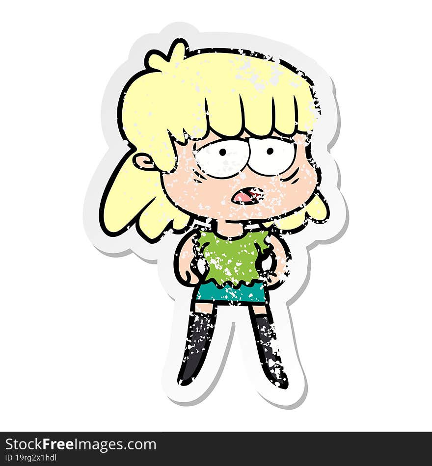 distressed sticker of a cartoon tired woman