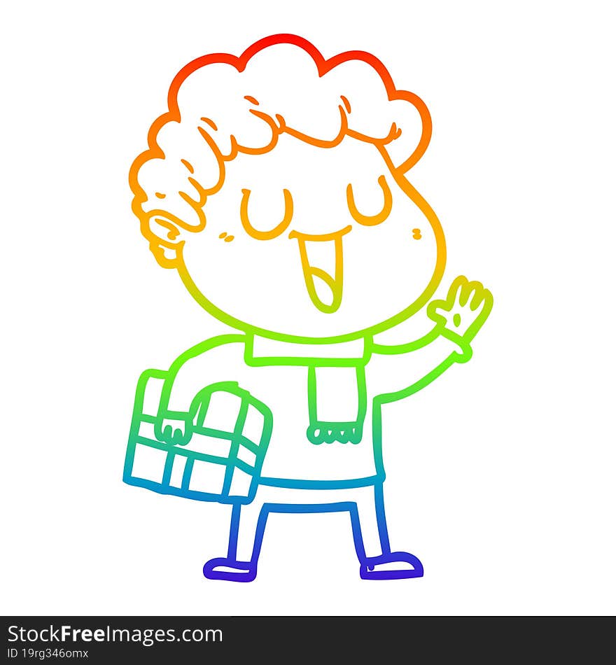 rainbow gradient line drawing of a laughing cartoon man with present