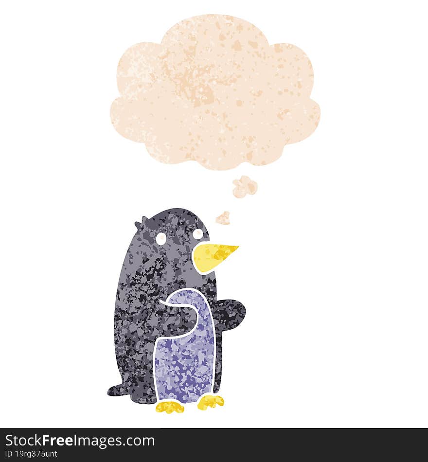 cartoon penguin and thought bubble in retro textured style