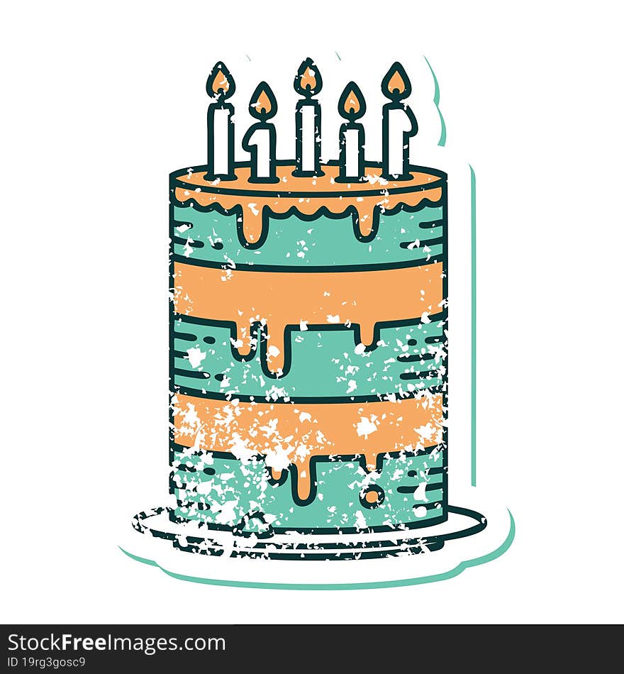 distressed sticker tattoo style icon of a birthday cake