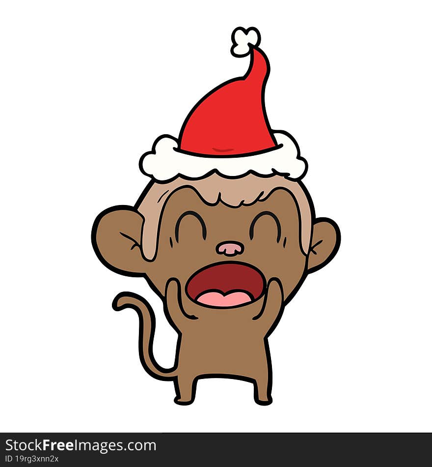 shouting line drawing of a monkey wearing santa hat