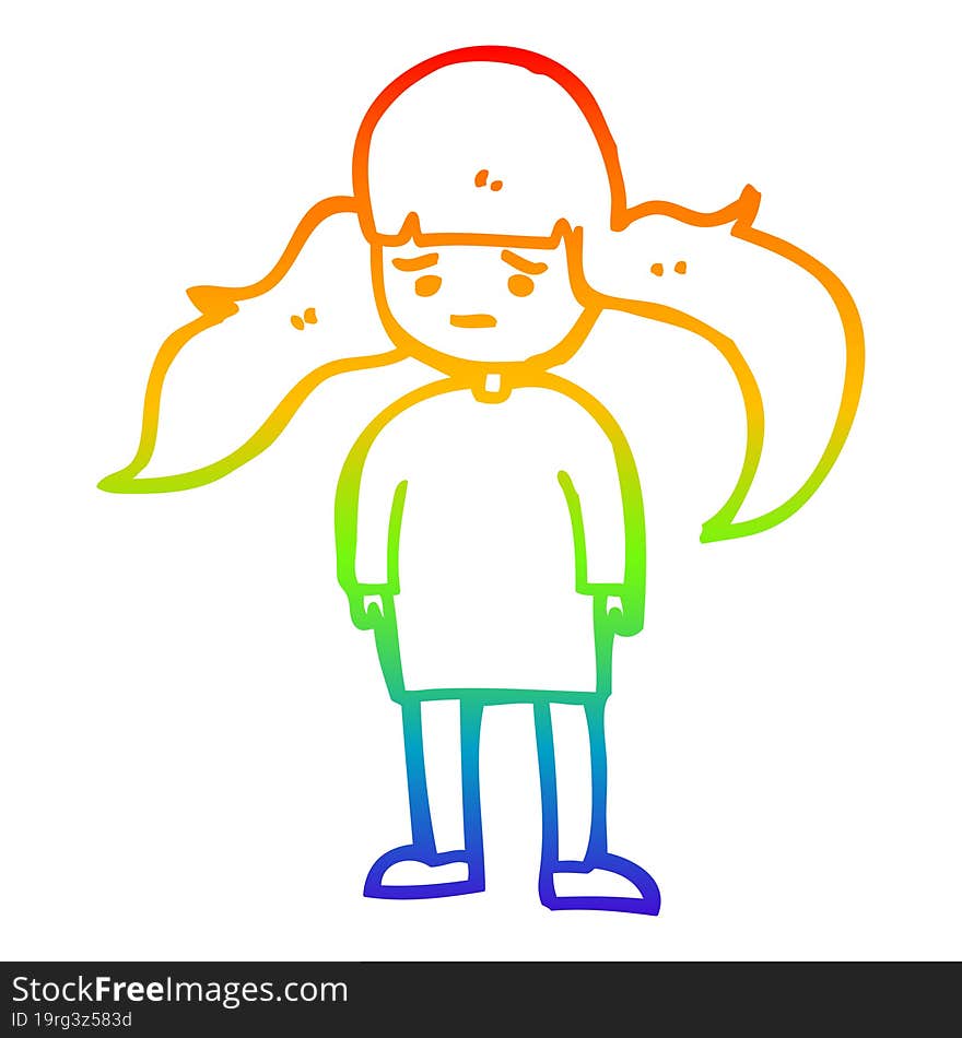 rainbow gradient line drawing cartoon girl with long hair