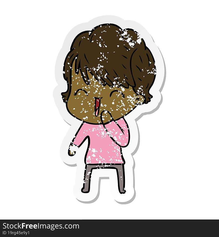 distressed sticker of a cartoon laughing woman