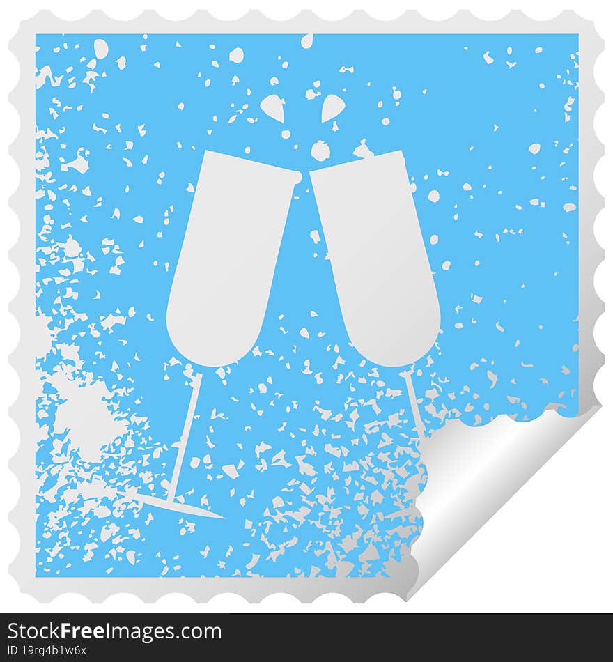 distressed square peeling sticker symbol of a clinking champagne flutes