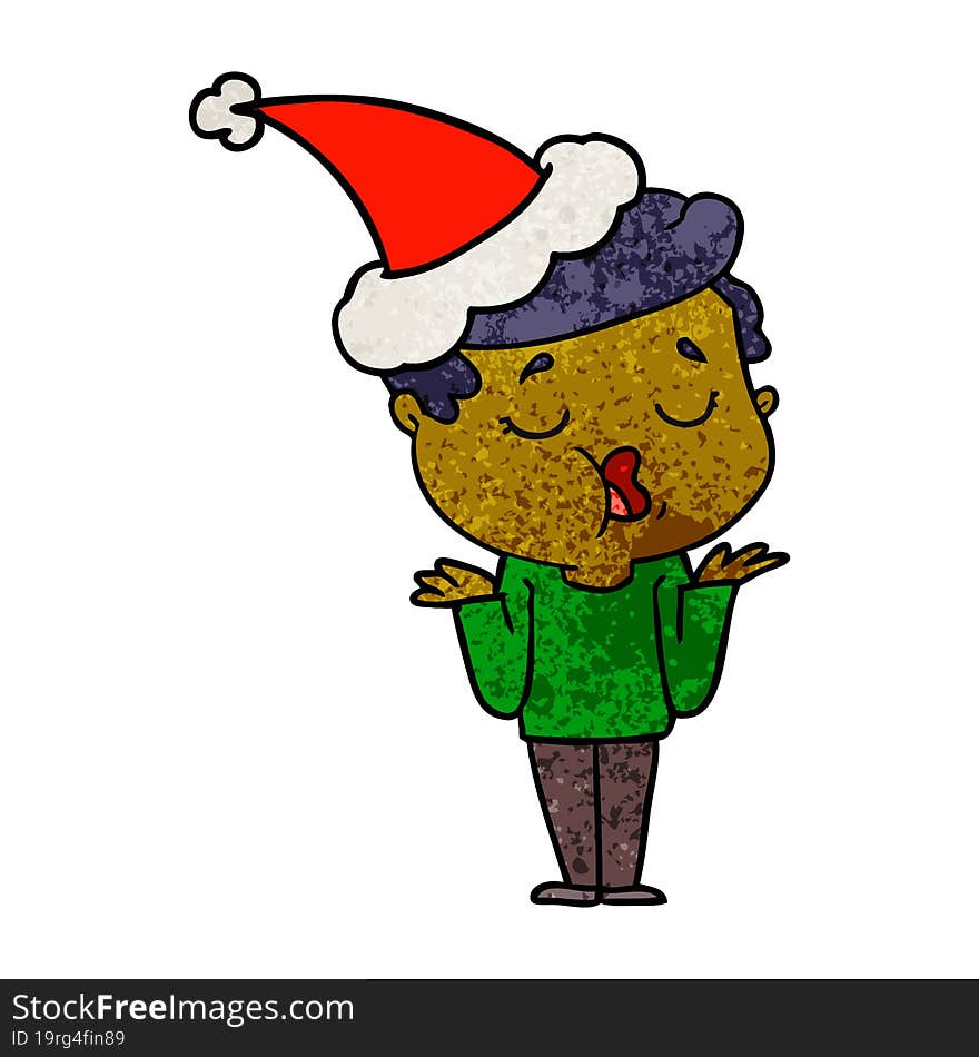 Textured Cartoon Of A Man Talking And Shrugging Shoulders Wearing Santa Hat