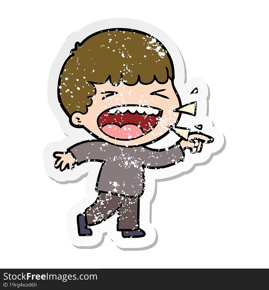 distressed sticker of a cartoon laughing man