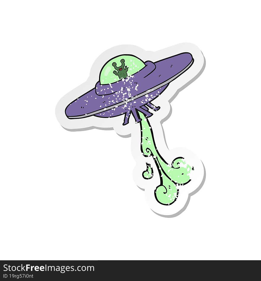 retro distressed sticker of a cartoon alien spaceship