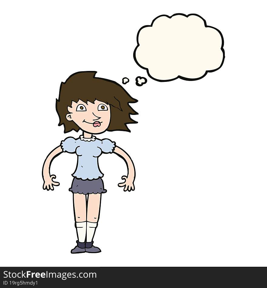 cartoon happy woman with thought bubble