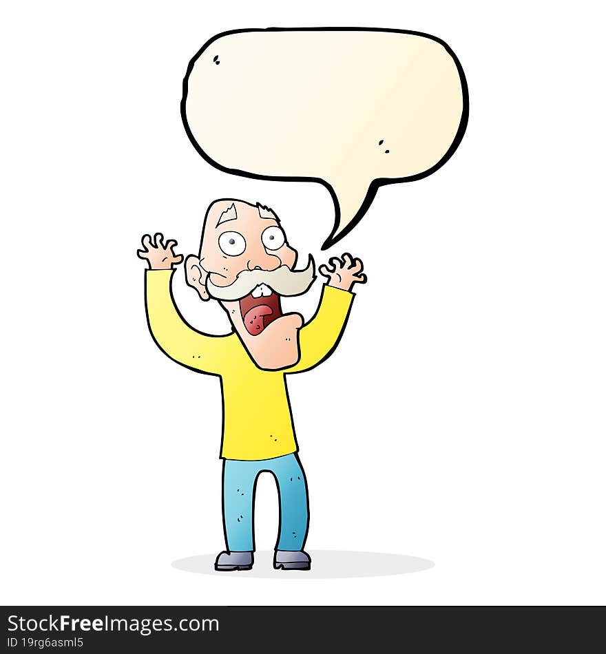 cartoon old man getting a fright with speech bubble