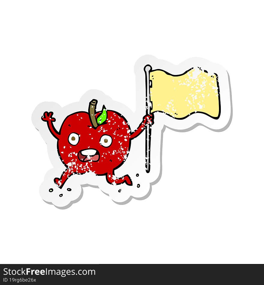 Retro Distressed Sticker Of A Cartoon Funny Apple With Flag