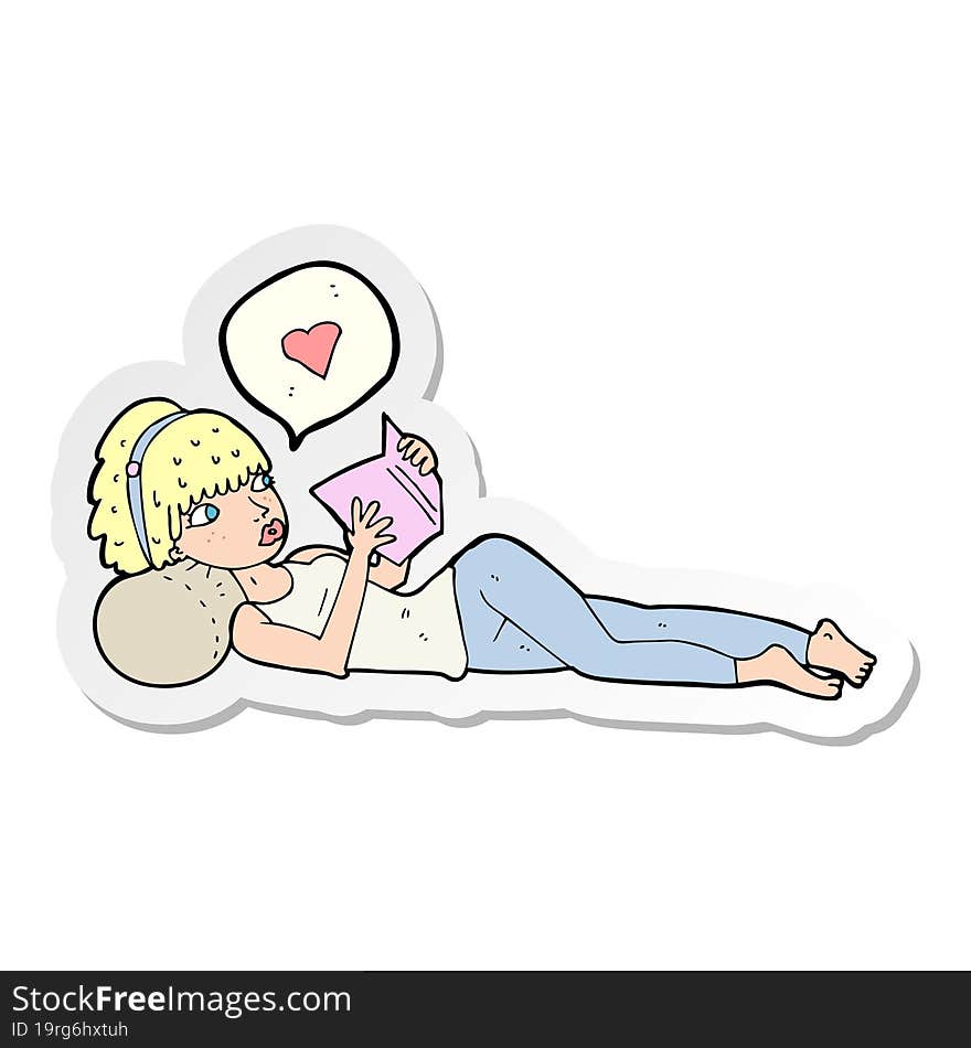 sticker of a cartoon woman loving her book