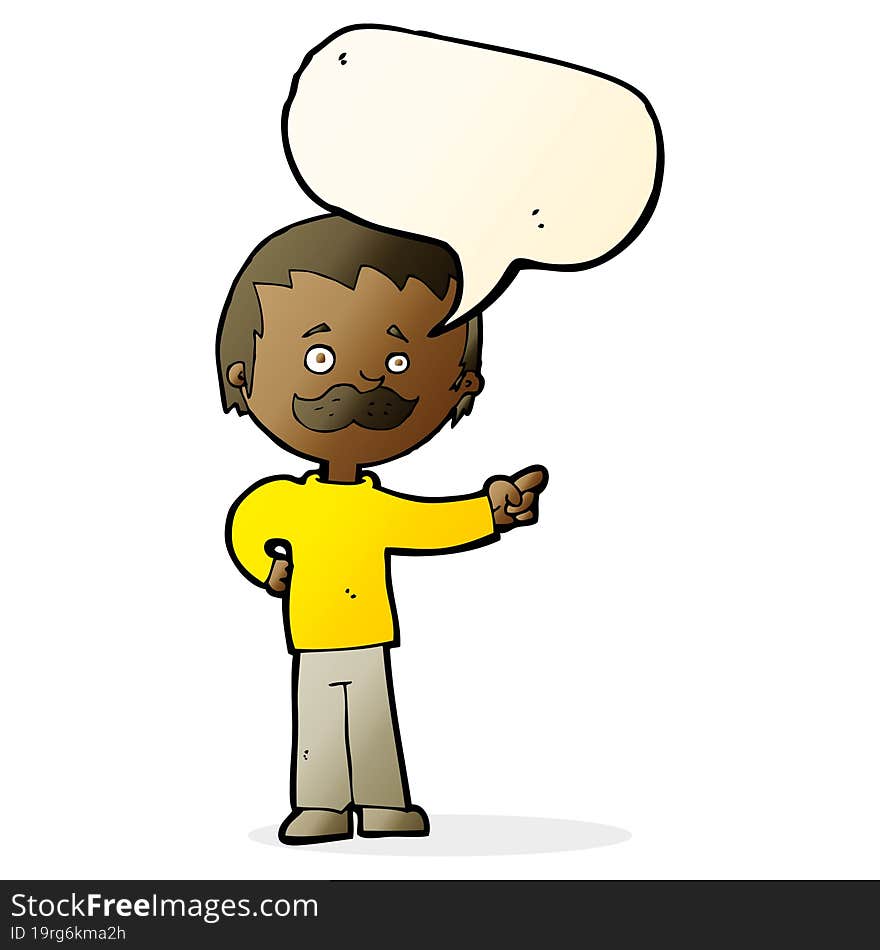 cartoon man with mustache pointing with speech bubble