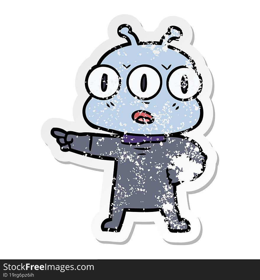 distressed sticker of a cartoon three eyed alien