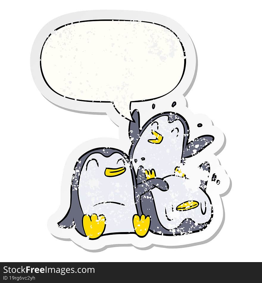 cartoon happy penguins and speech bubble distressed sticker