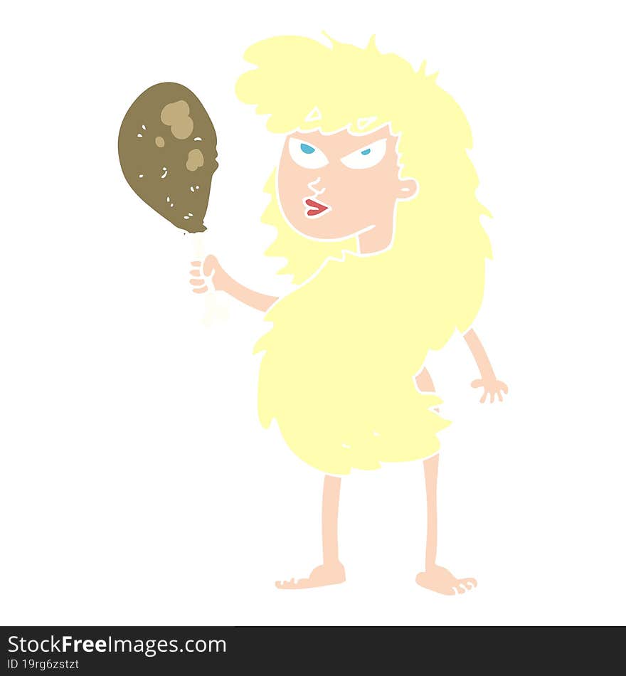 Flat Color Illustration Of A Cartoon Cavewoman With Meat