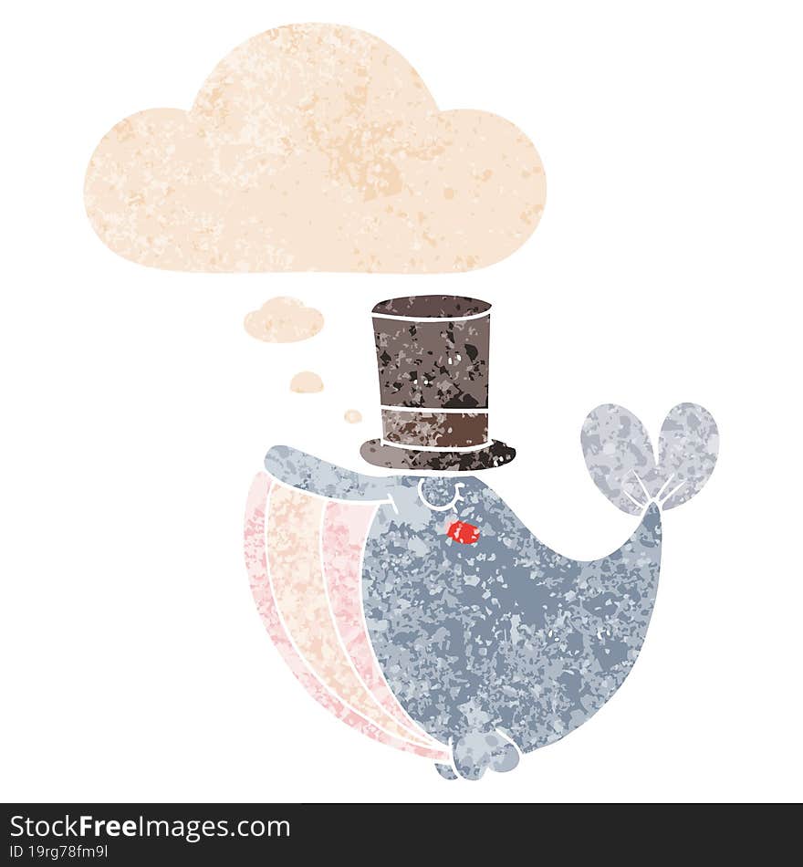 cartoon whale with top hat with thought bubble in grunge distressed retro textured style. cartoon whale with top hat with thought bubble in grunge distressed retro textured style