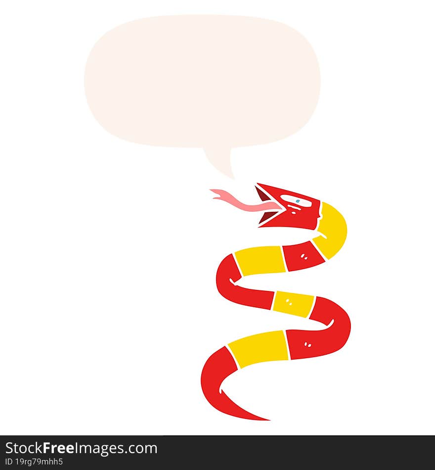 hissing cartoon snake and speech bubble in retro style