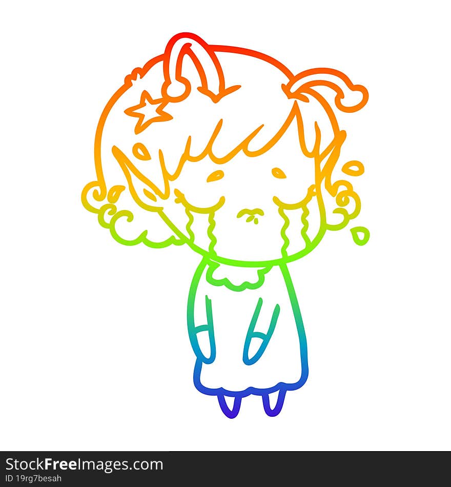 rainbow gradient line drawing cartoon crying alien girl