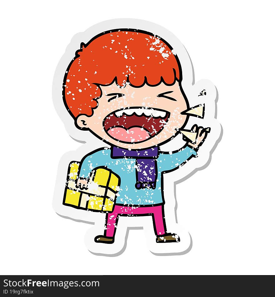 distressed sticker of a cartoon laughing man