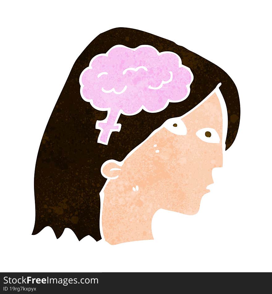 cartoon female head with brain symbol