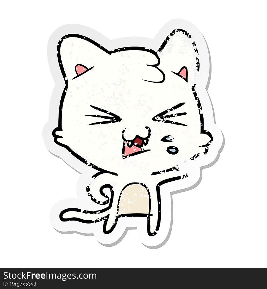 distressed sticker of a cartoon hissing cat