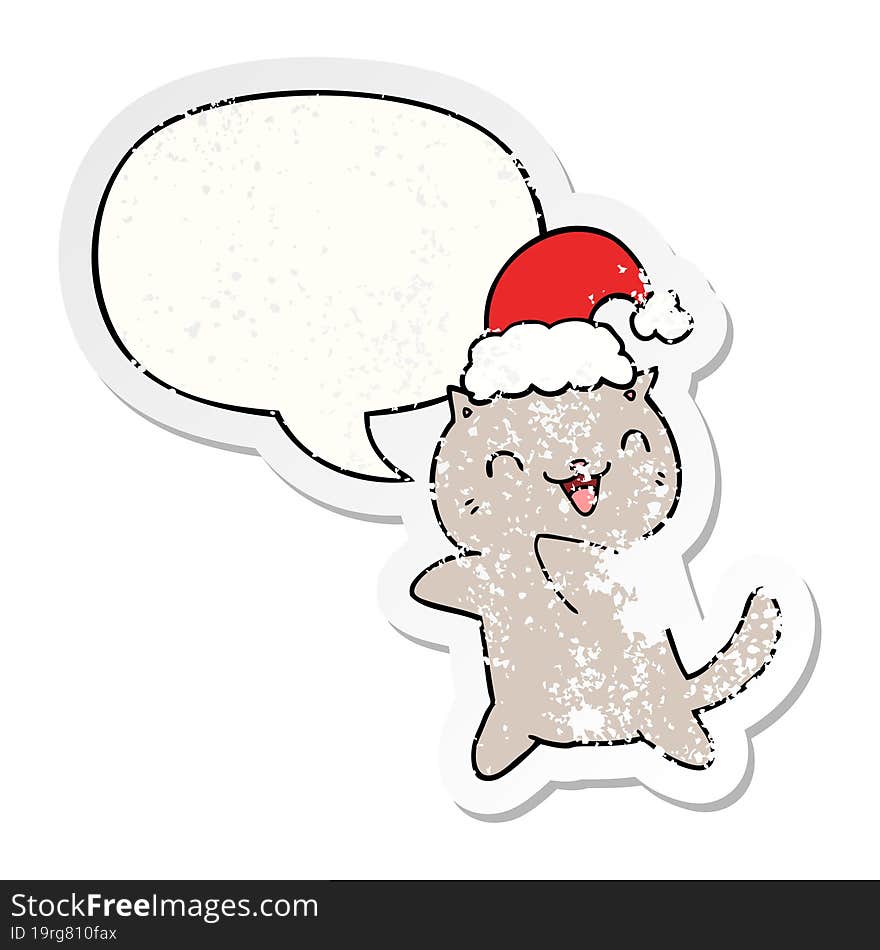 cute cartoon christmas cat and speech bubble distressed sticker