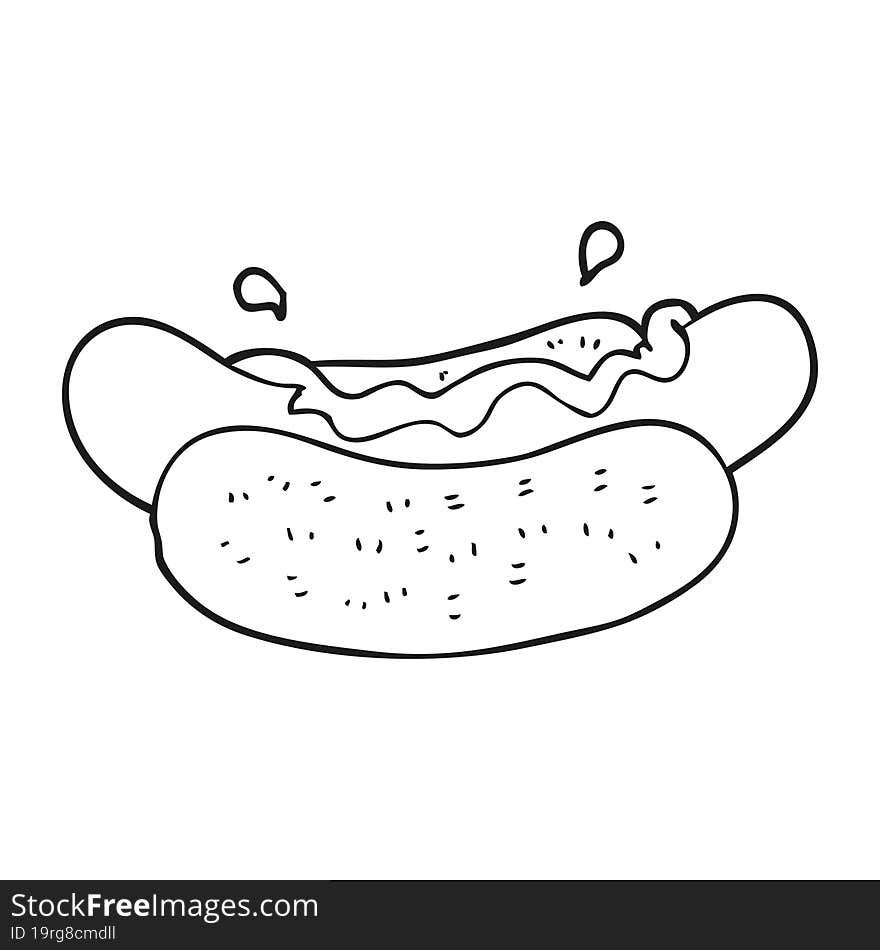 freehand drawn black and white cartoon hotdog