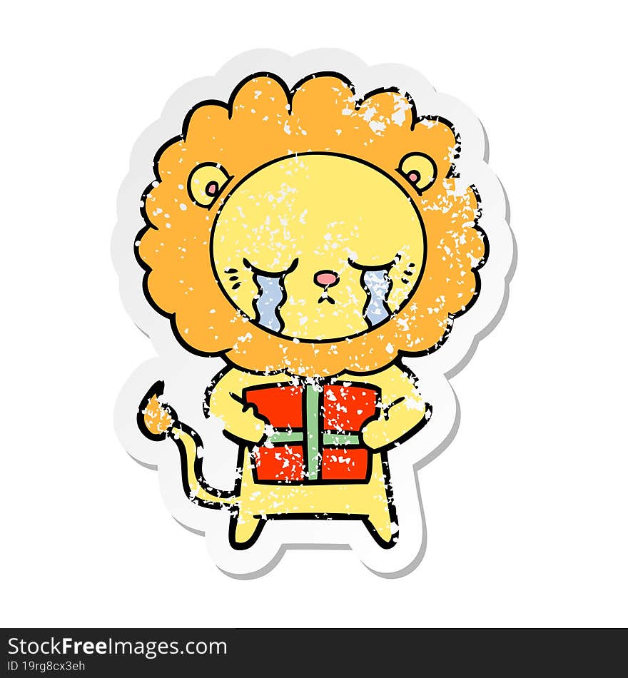 distressed sticker of a crying cartoon lion