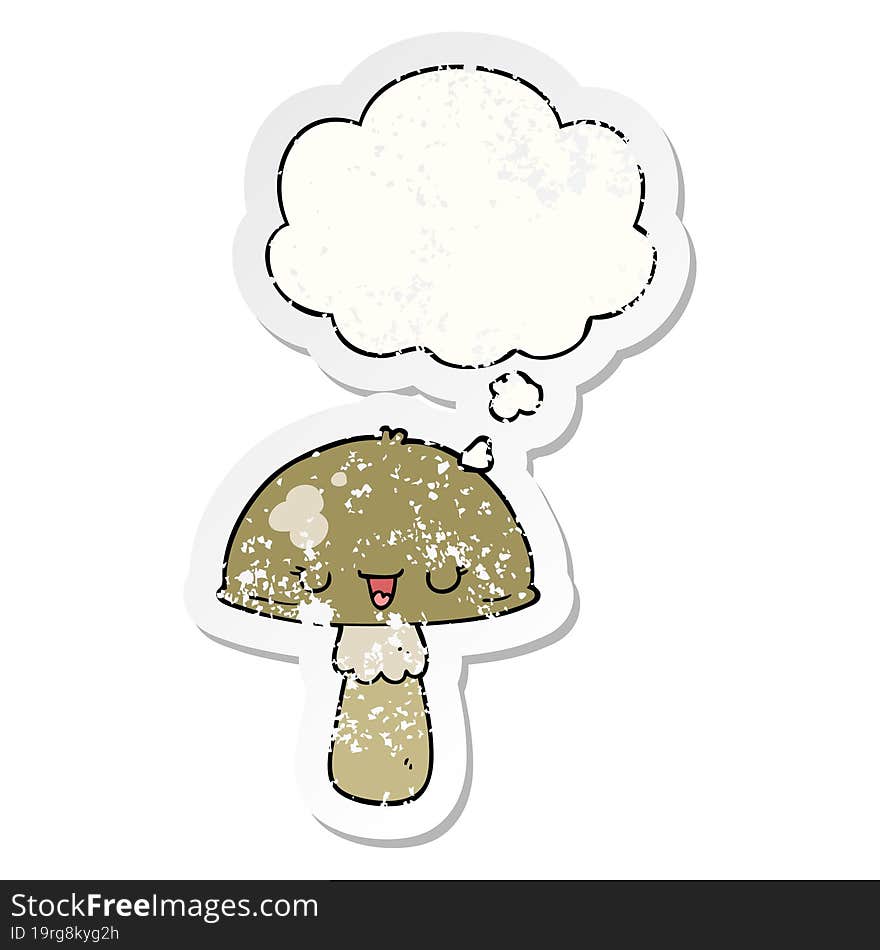 cartoon mushroom and thought bubble as a distressed worn sticker