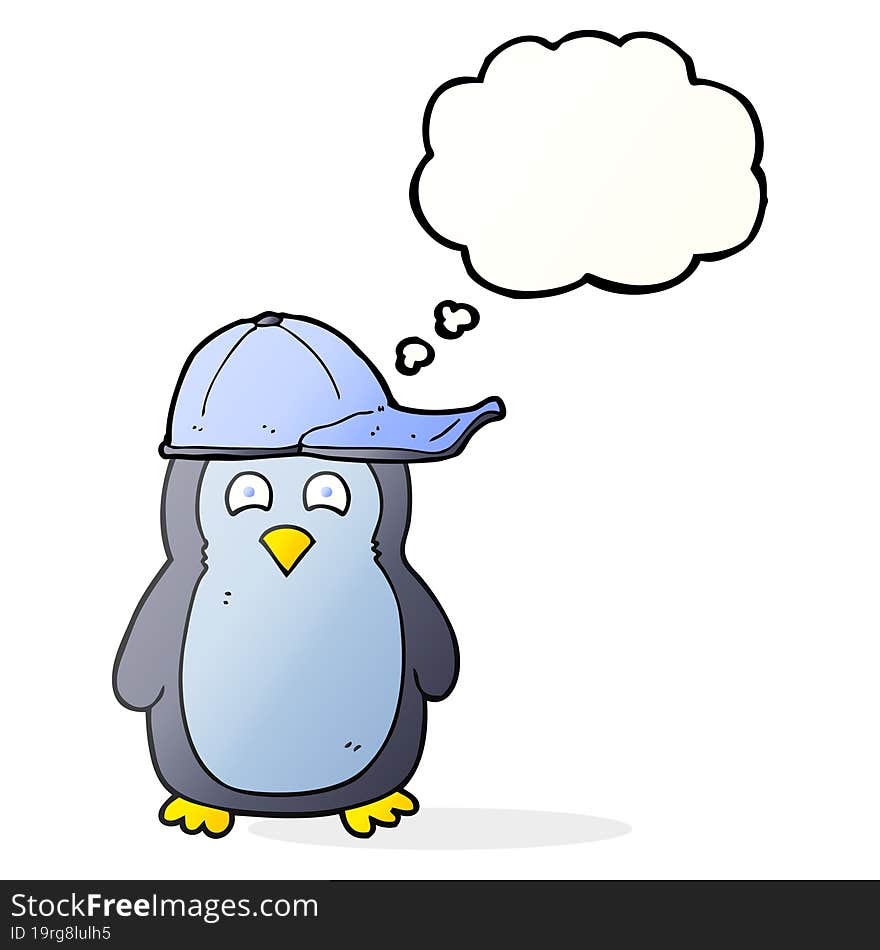 thought bubble cartoon penguin wearing hat