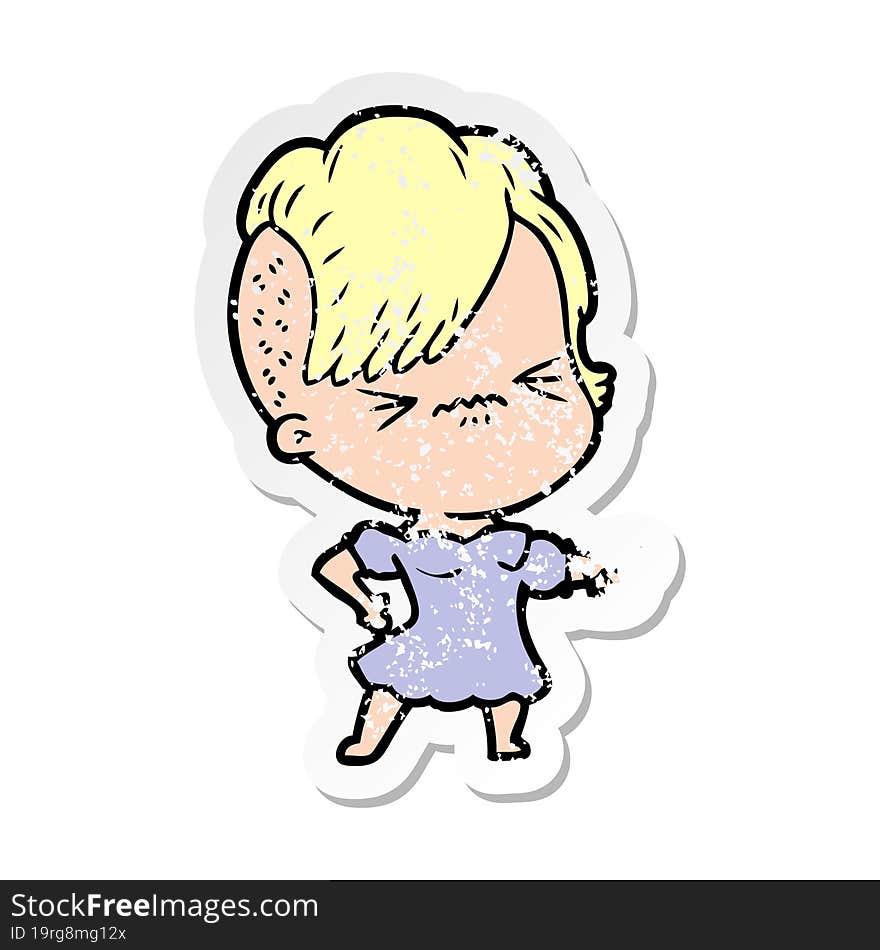 Distressed Sticker Of A Cartoon Annoyed Hipster Girl