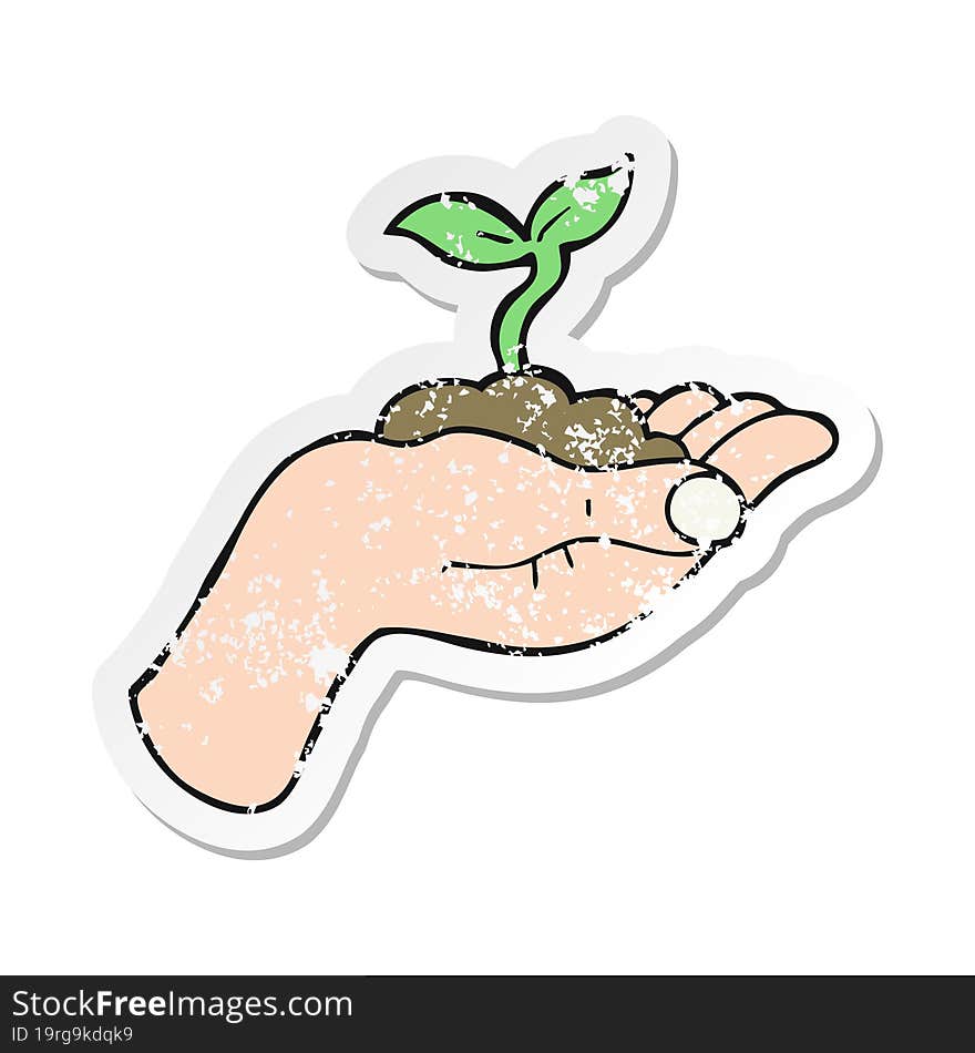 retro distressed sticker of a cartoon seedling growing held in hand