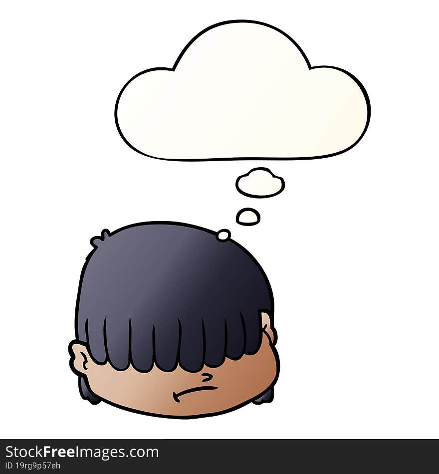 cartoon face with hair over eyes with thought bubble in smooth gradient style