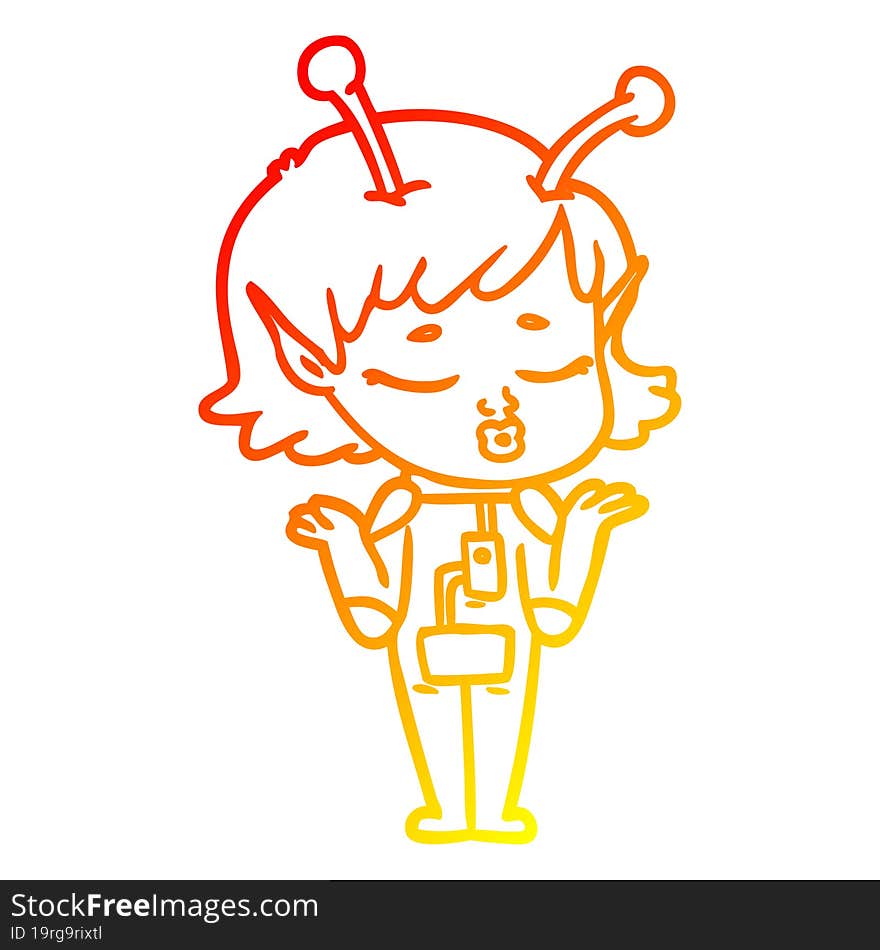 warm gradient line drawing of a cartoon alien girl