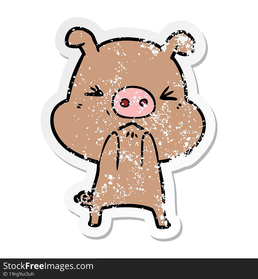 Distressed Sticker Of A Cartoon Angry Pig