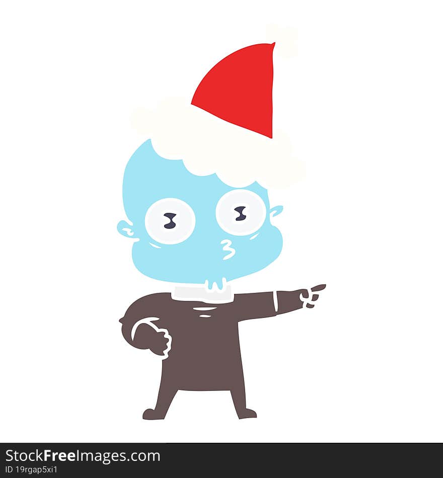 flat color illustration of a weird bald spaceman wearing santa hat