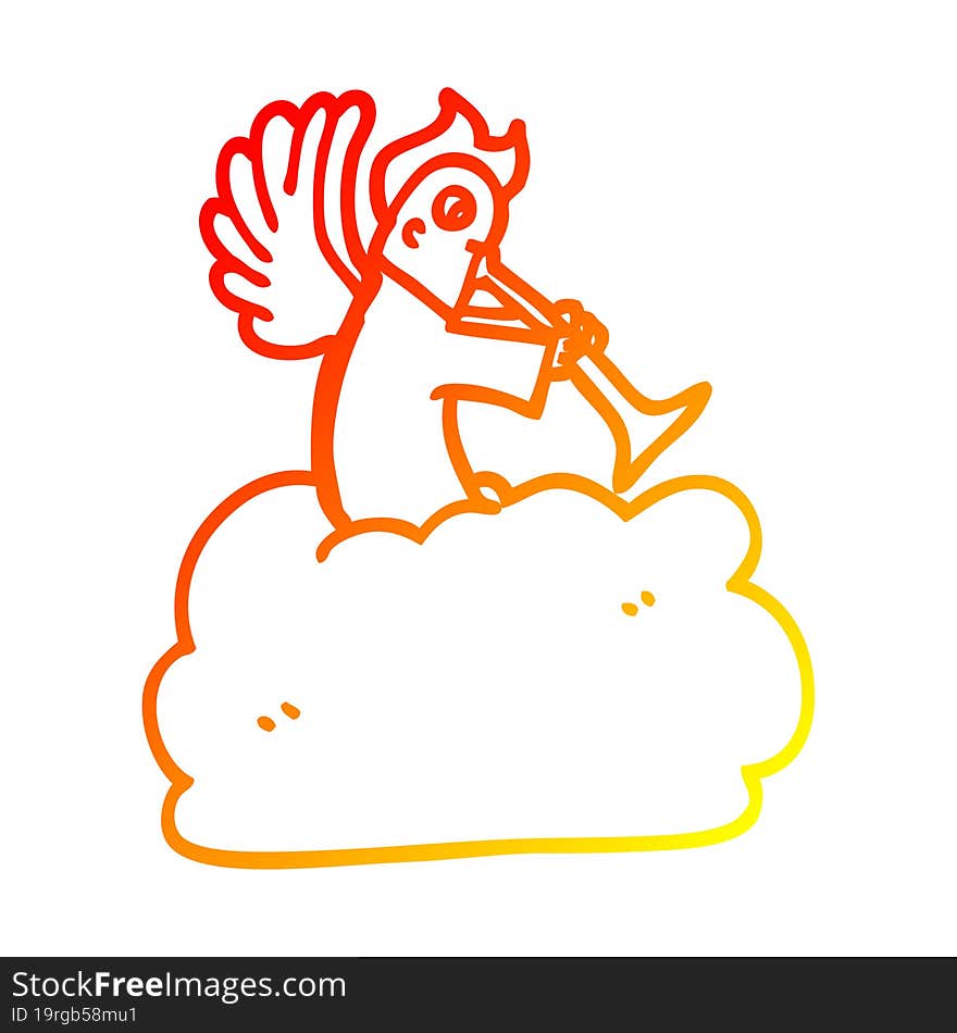 Warm Gradient Line Drawing Cartoon Angel On Cloud With Trumpet