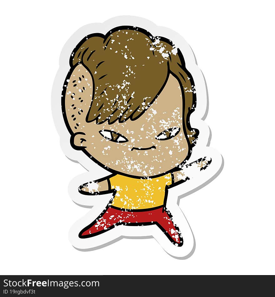 distressed sticker of a cute cartoon girl with hipster haircut