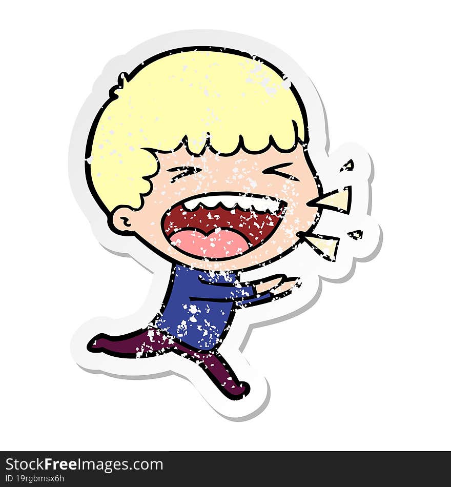 distressed sticker of a cartoon laughing man