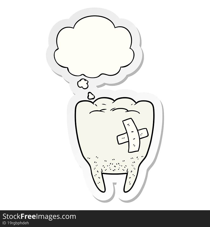 cartoon bad tooth and thought bubble as a printed sticker