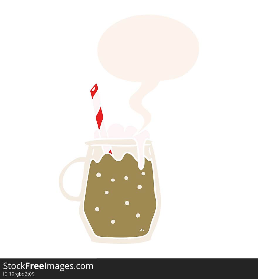 cartoon glass of root beer and straw and speech bubble in retro style