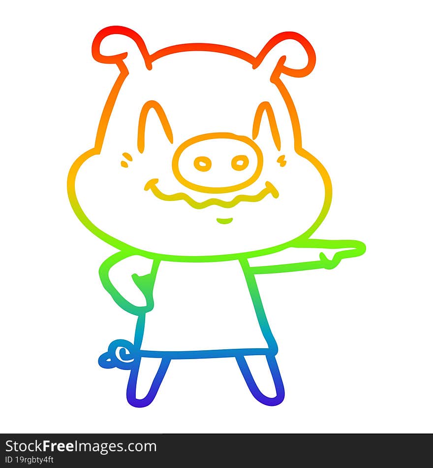 rainbow gradient line drawing nervous cartoon pig wearing dress