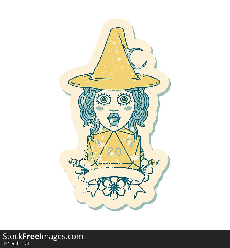 human witch with natural twenty dice roll illustration