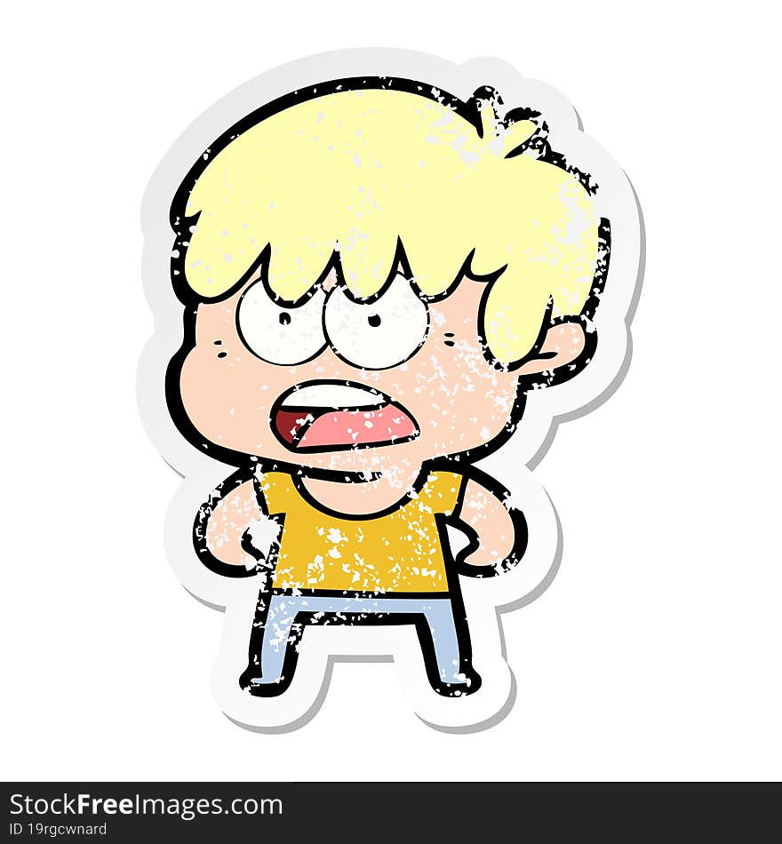 distressed sticker of a worried cartoon boy