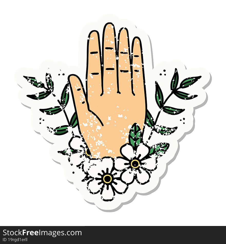 traditional distressed sticker tattoo of a hand and flower