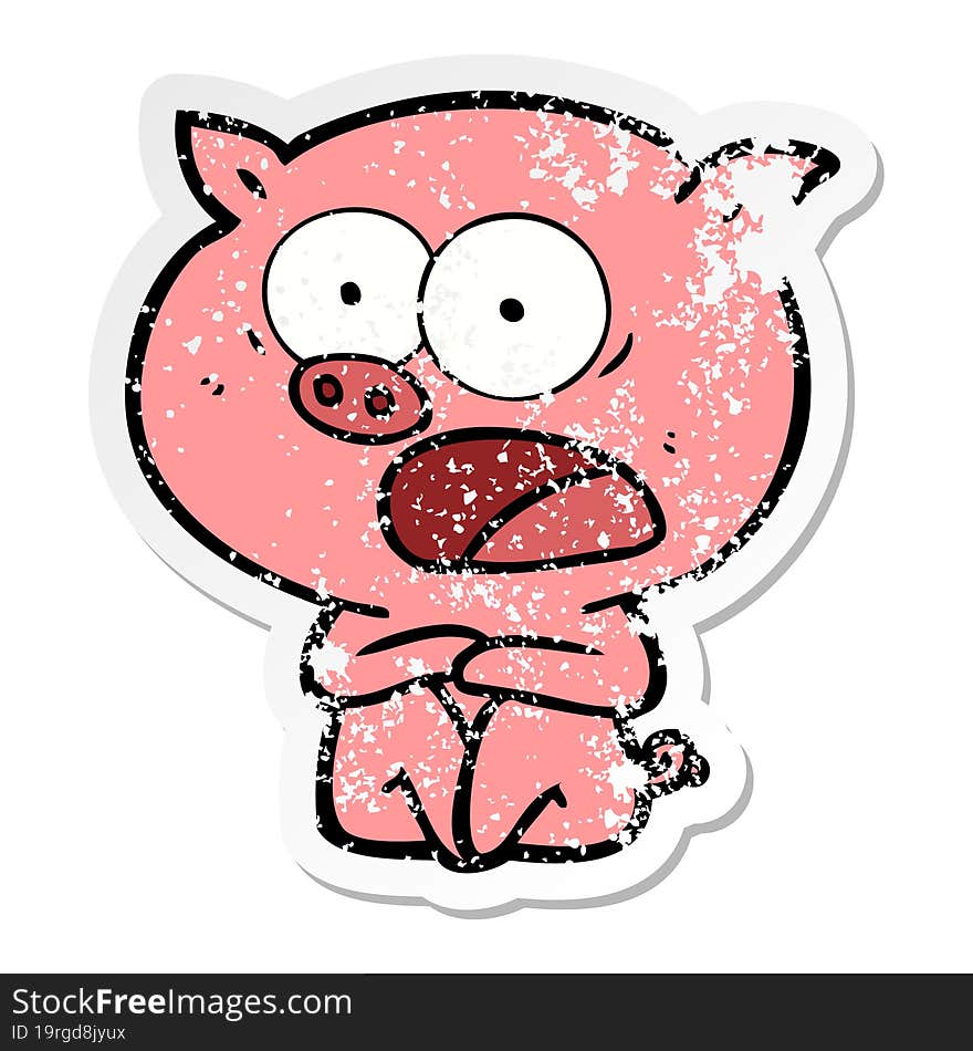 distressed sticker of a shocked cartoon pig sitting down