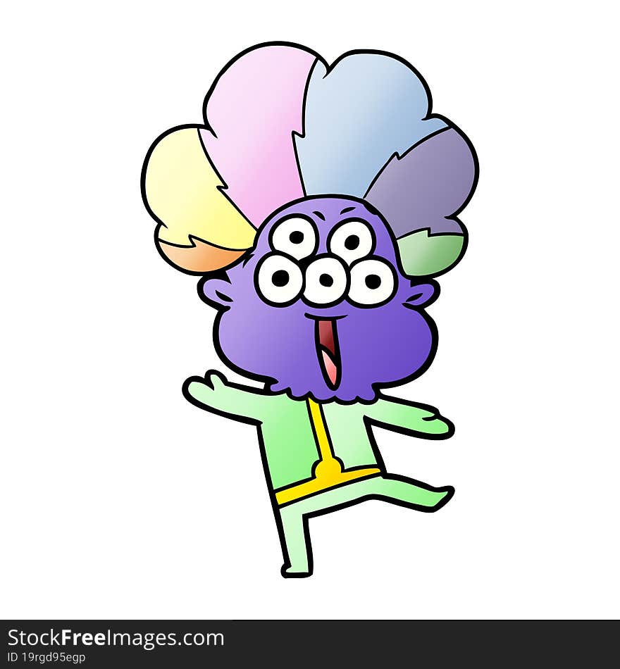 happy cartoon alien dancing in clown wig. happy cartoon alien dancing in clown wig