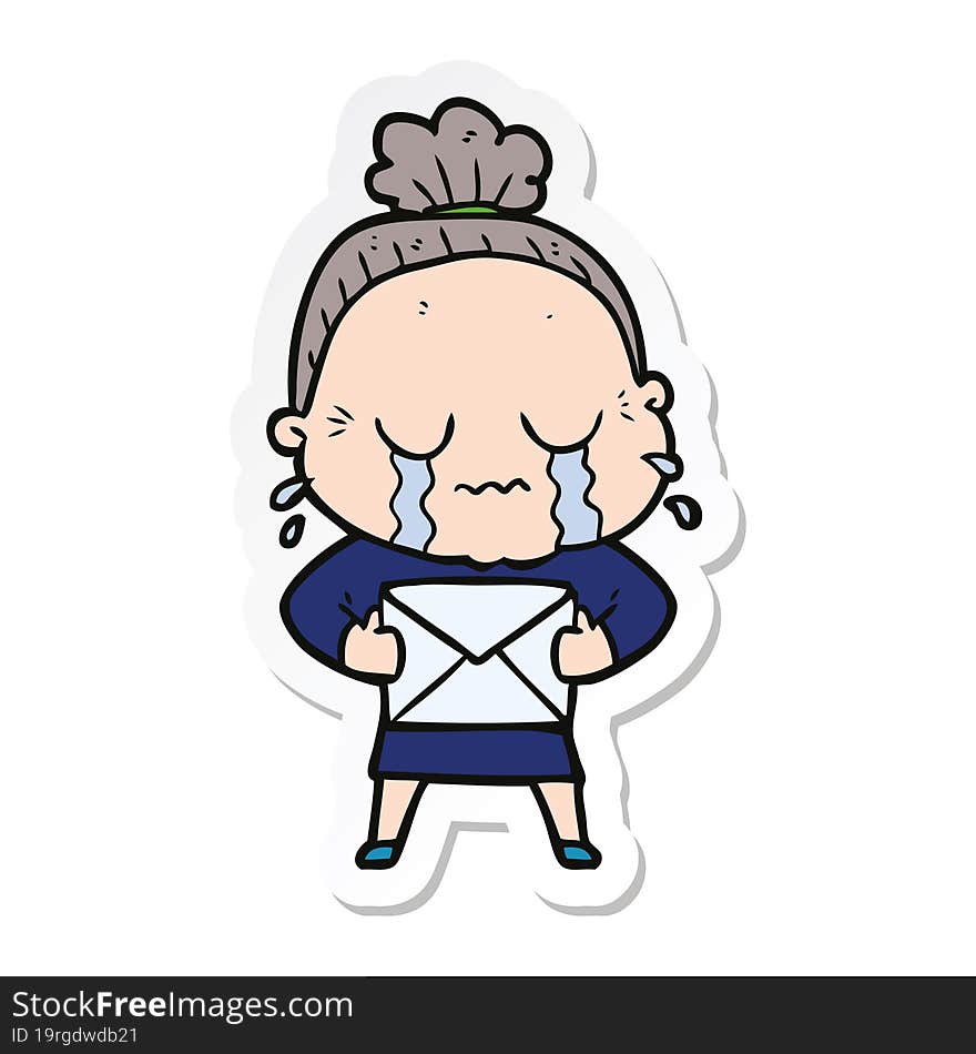 sticker of a cartoon old woman crying with letter