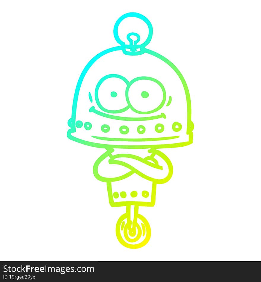 cold gradient line drawing of a happy carton robot with light bulb